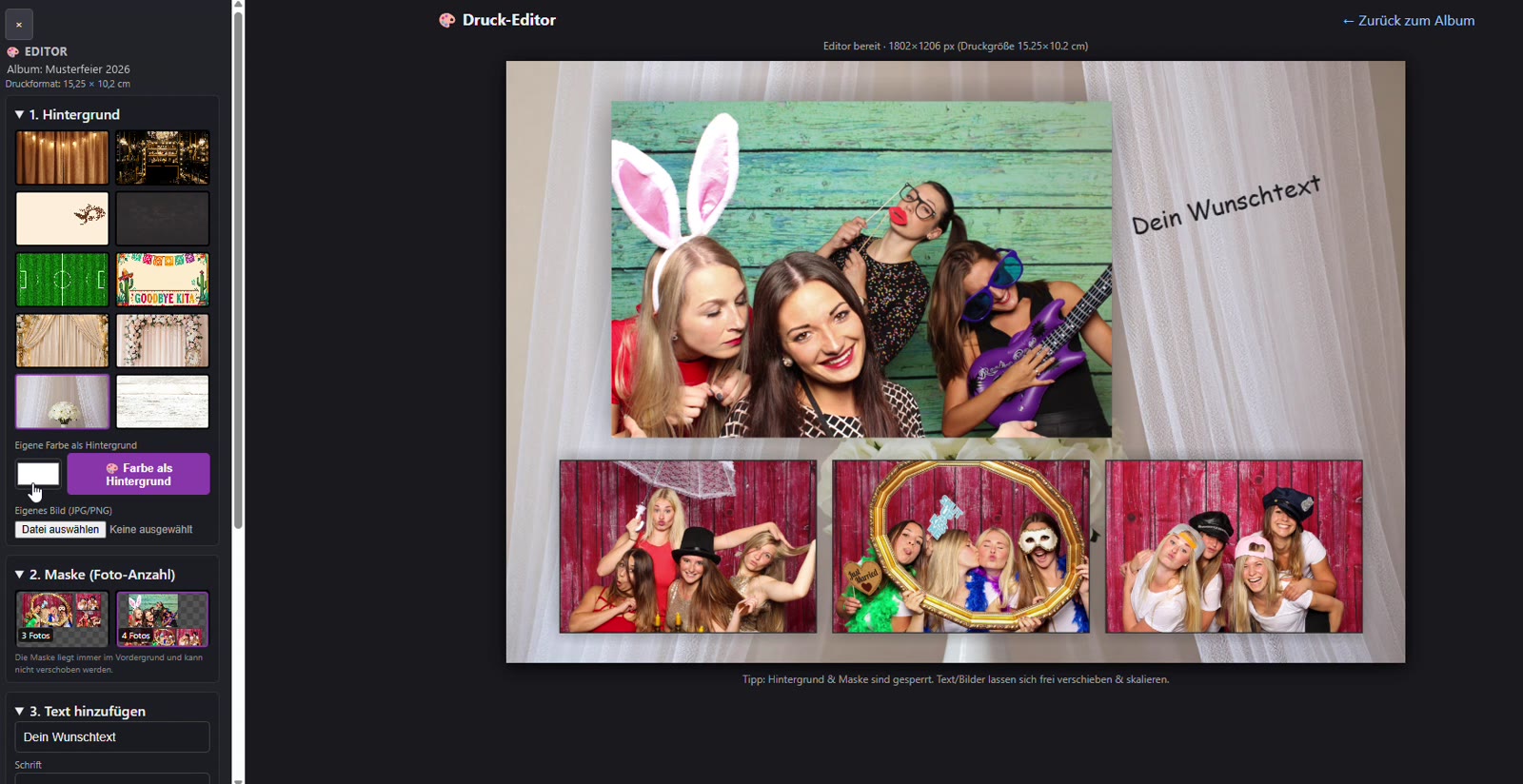 Druck-Editor: Vorlage mit gewähltem Hintergrund und vier Fotoplätzen